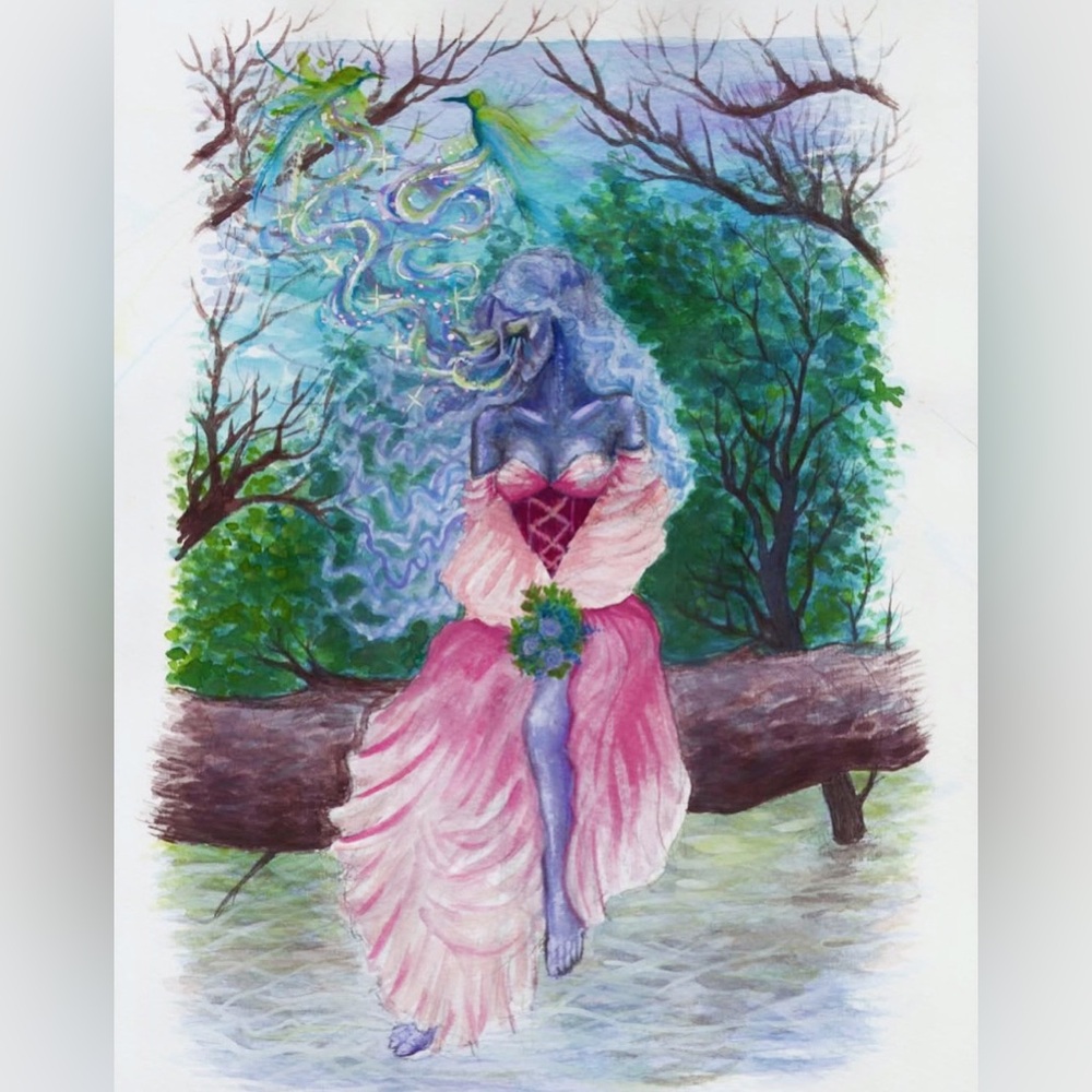 Hand-Painted Fantasy Art Print - Purple Figure in Pink Dress